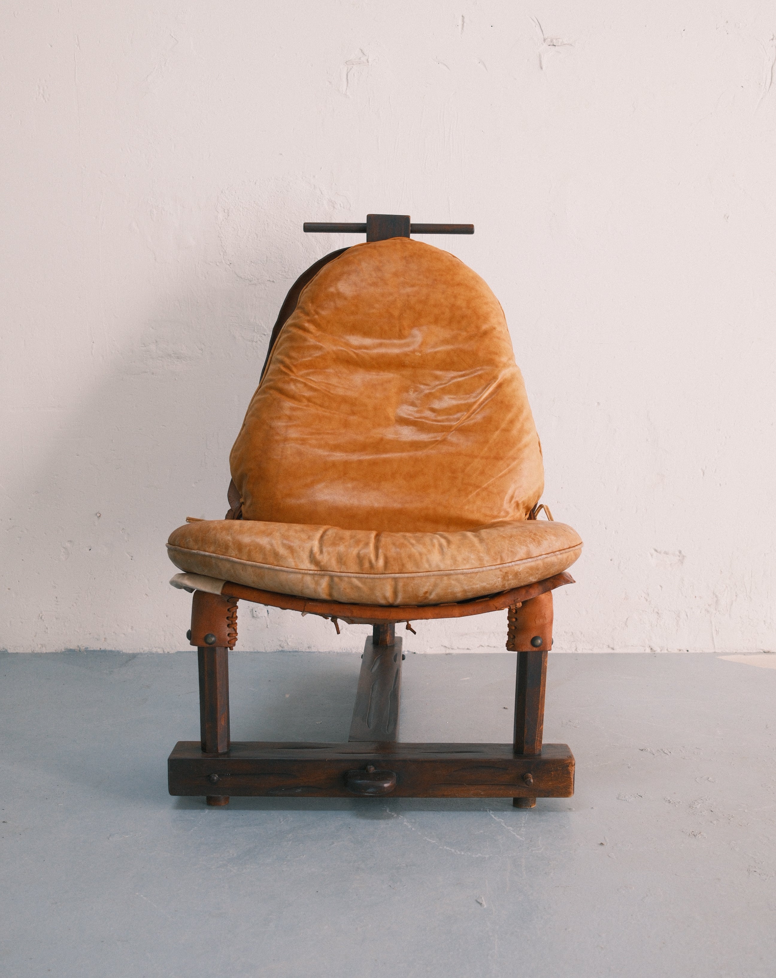 Mid Century Brutalist Patched Vintage Leather Lounge Chair, 1960's