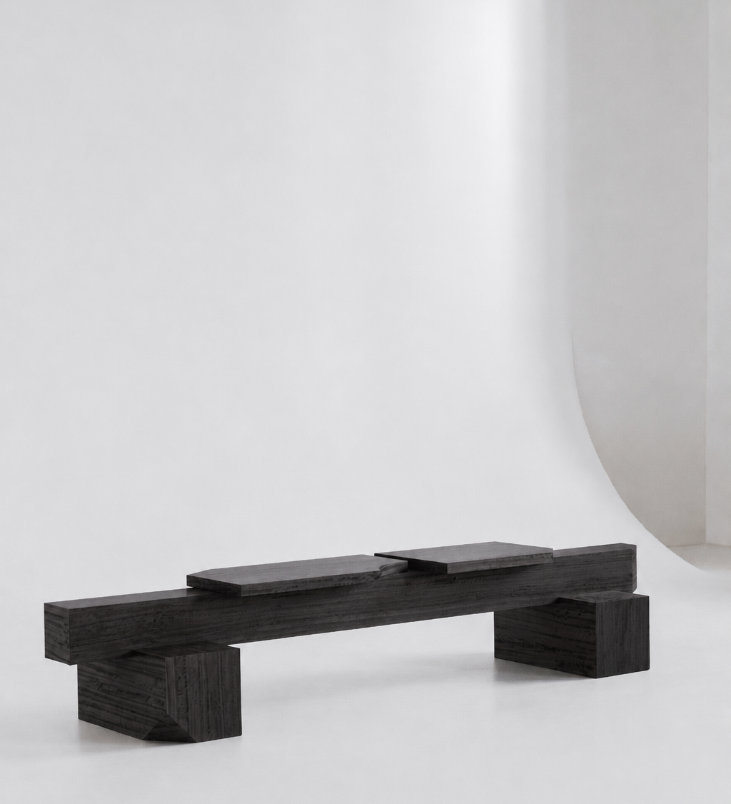 Contemporary design bench — three-quarter view in dark eucalyptus veneer