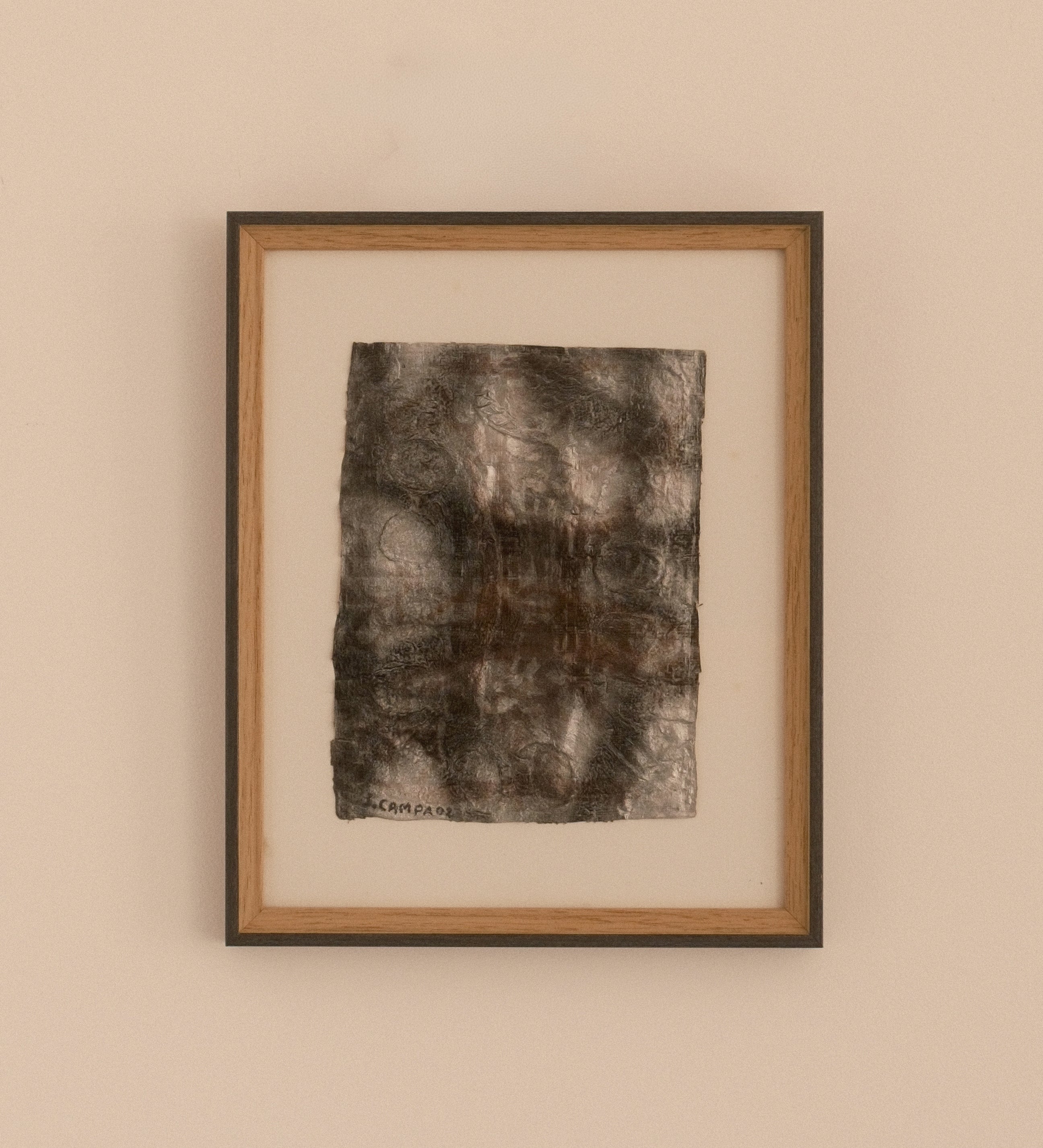 Jean Campa mixed media on paper — framed abstract composition displayed in a minimalist interior, 2002