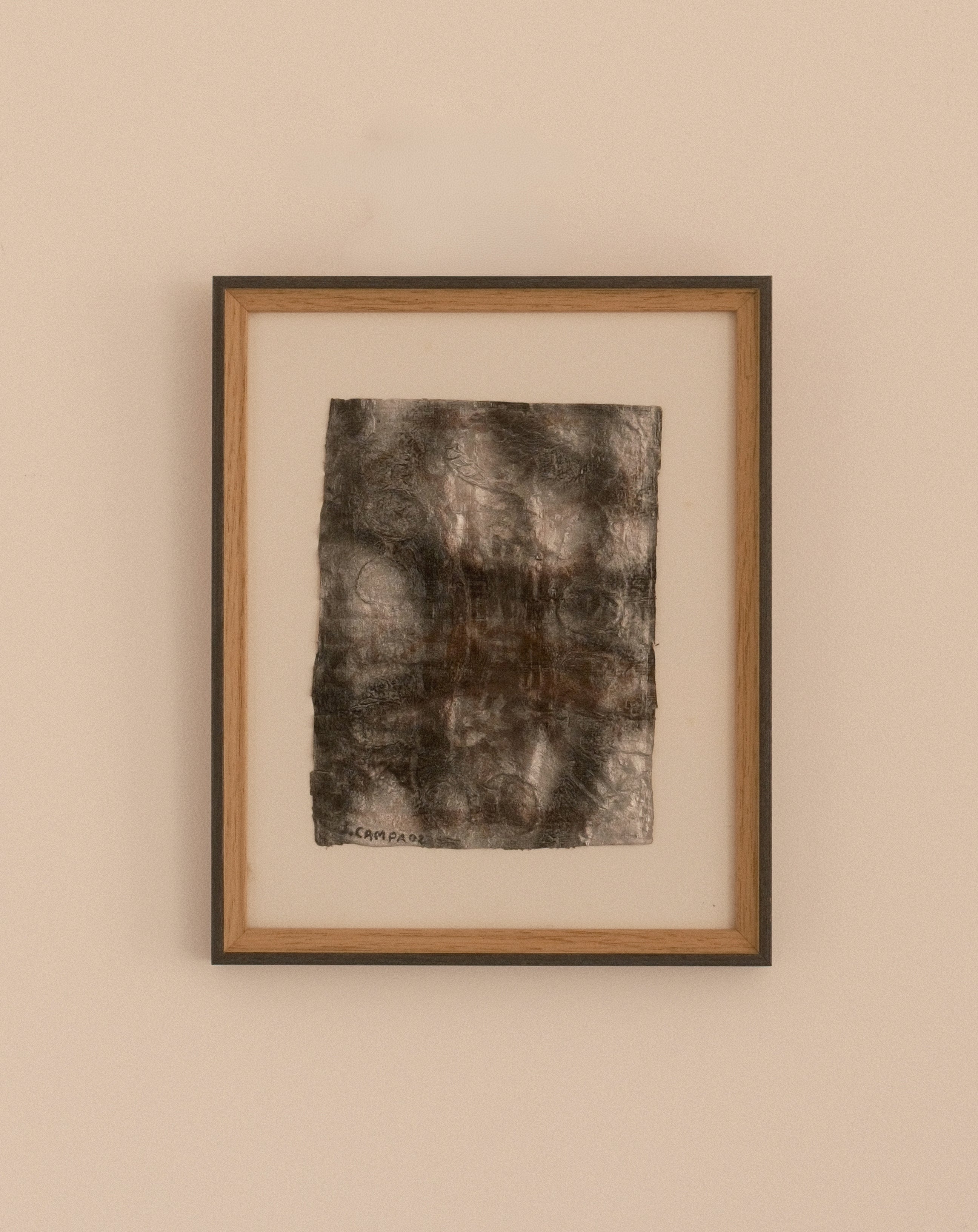 Jean Campa mixed media on paper — framed abstract composition displayed in a minimalist interior, 2002