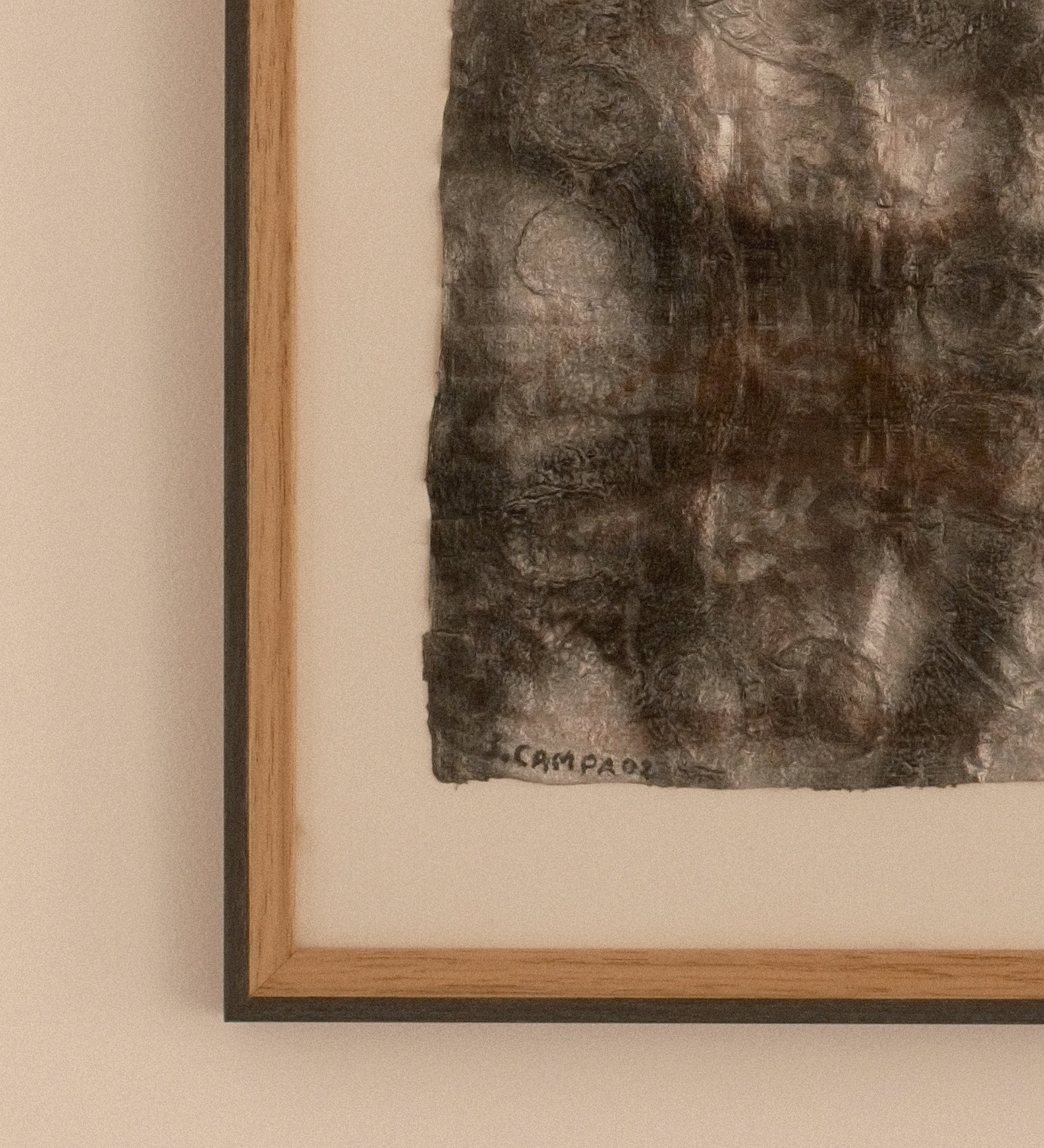 Jean Campa mixed media on paper — close-up of framed abstract composition and paper surface