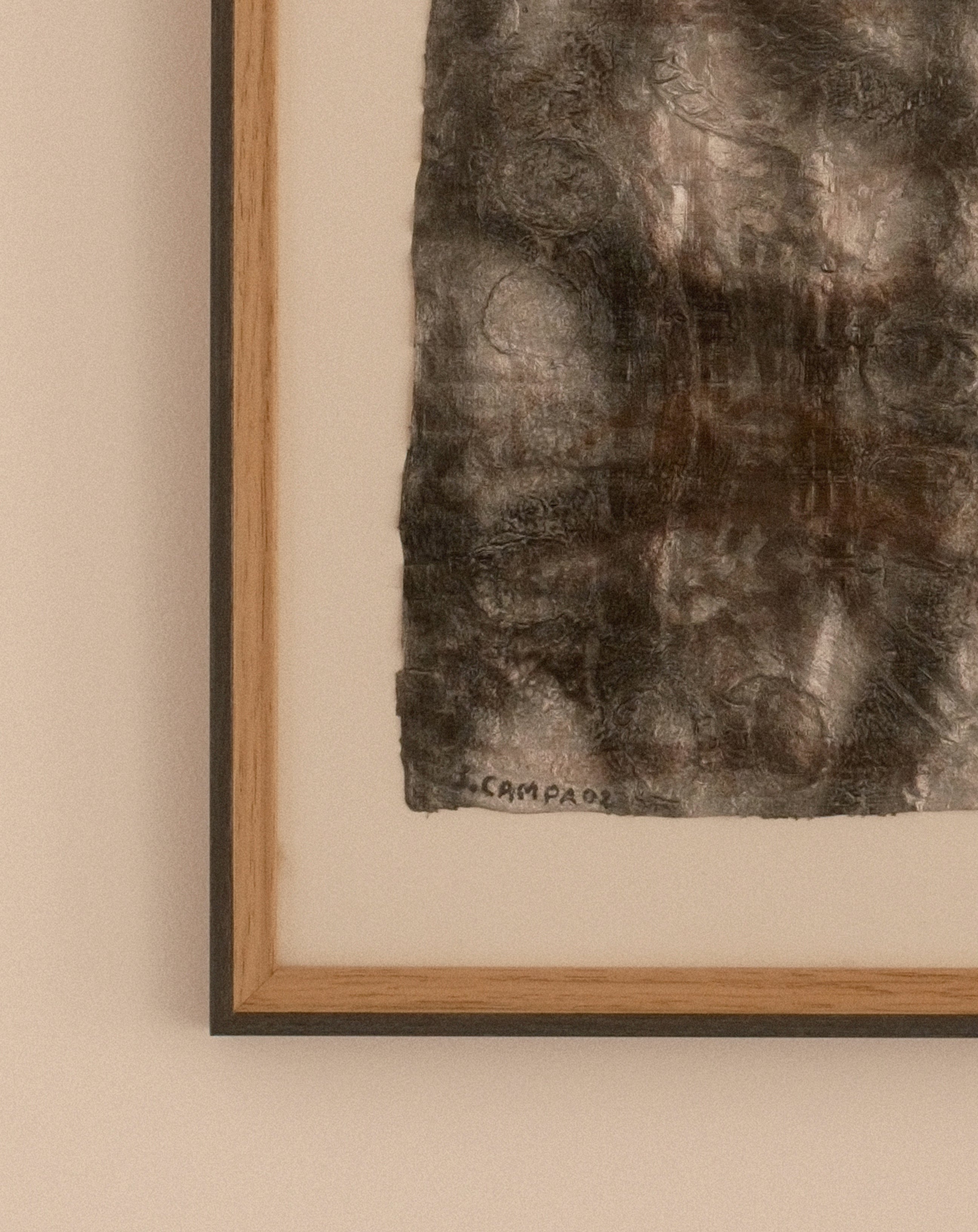 Jean Campa mixed media on paper — close-up of framed abstract composition and paper surface