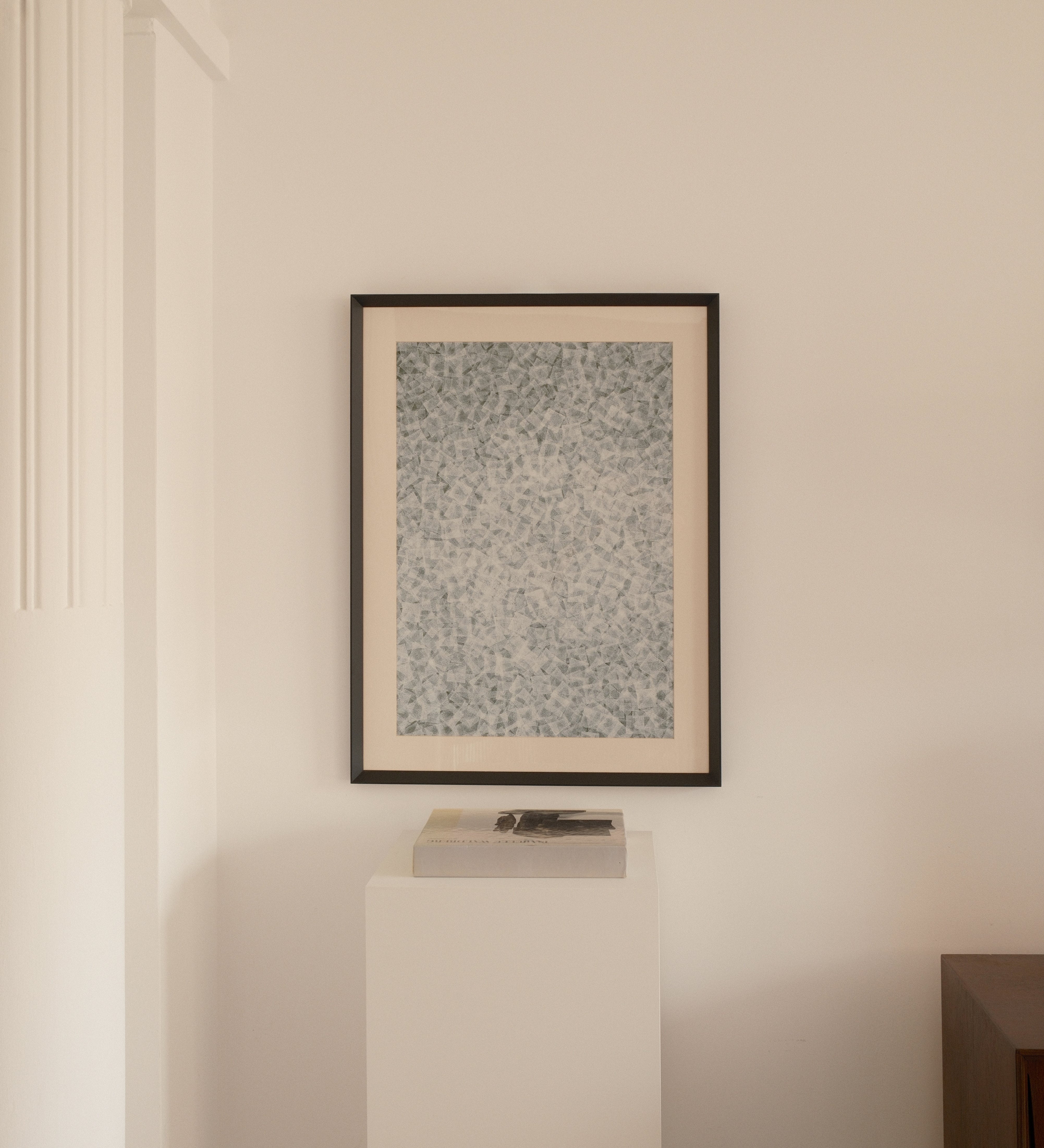 Ervin Neuhaus ink on vellum — framed geometric abstract composition displayed in a minimalist interior