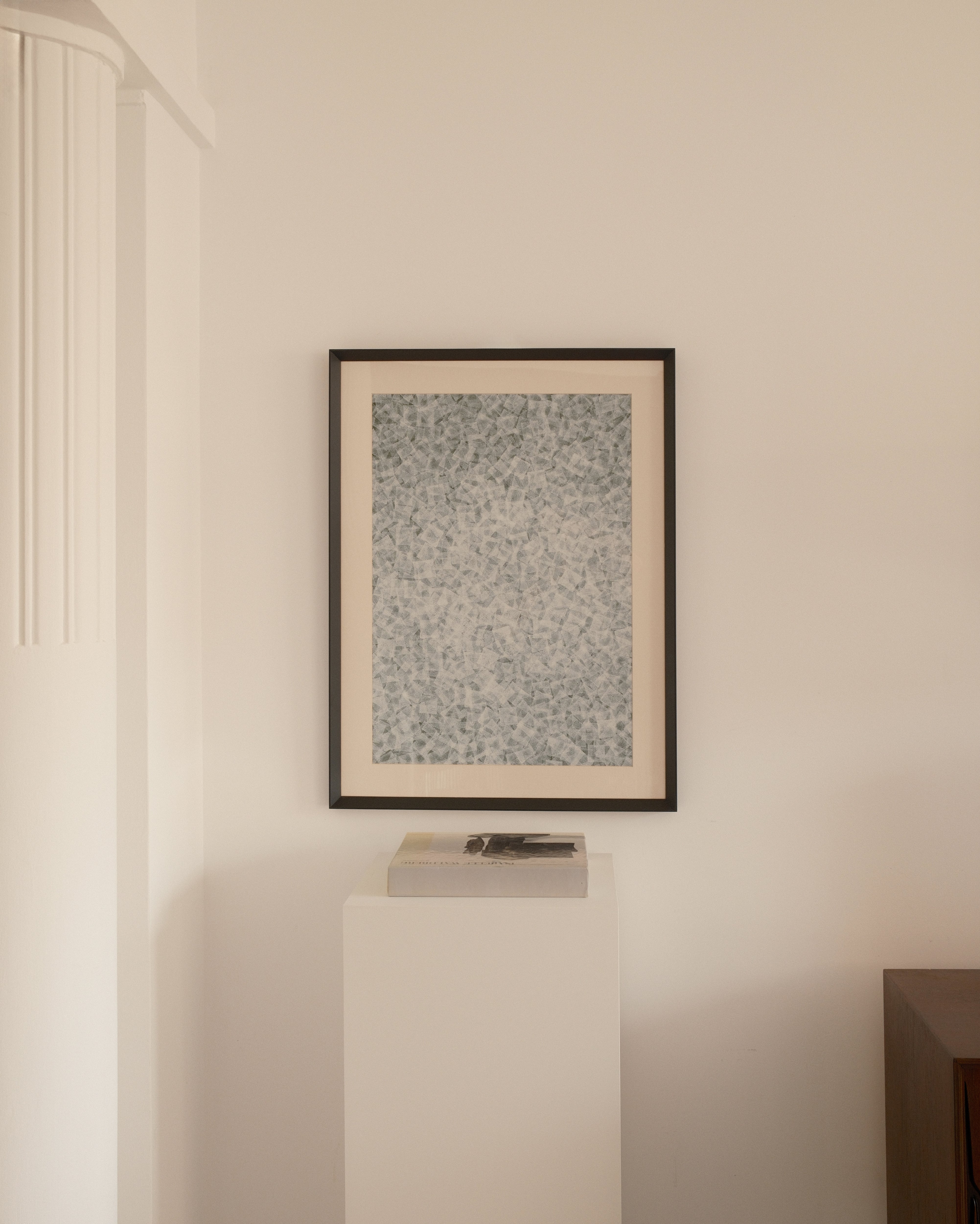 Ervin Neuhaus ink on vellum — framed geometric abstract composition displayed in a minimalist interior