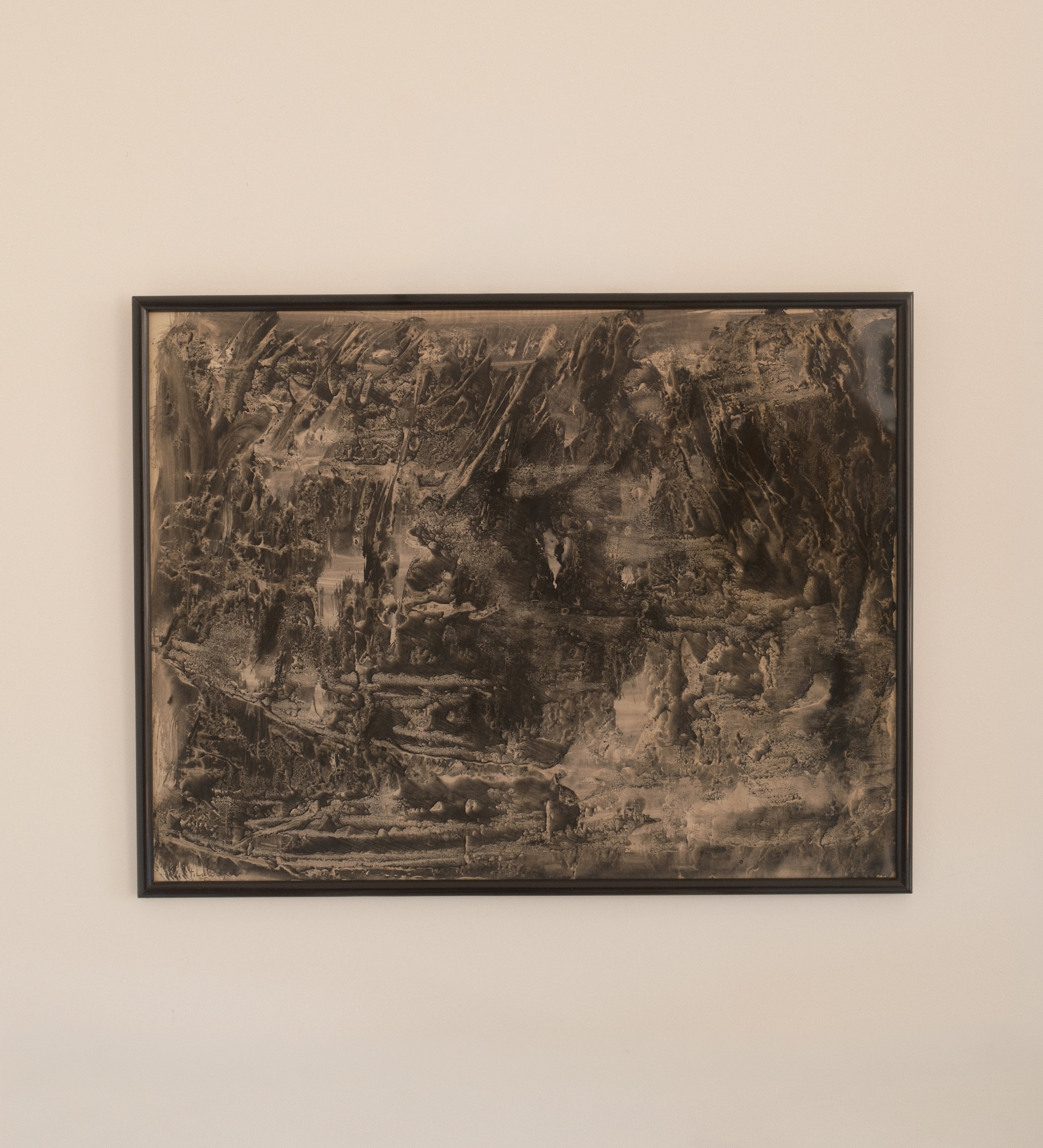 François Laloux landscape ink wash — full view of framed abstract landscape composition