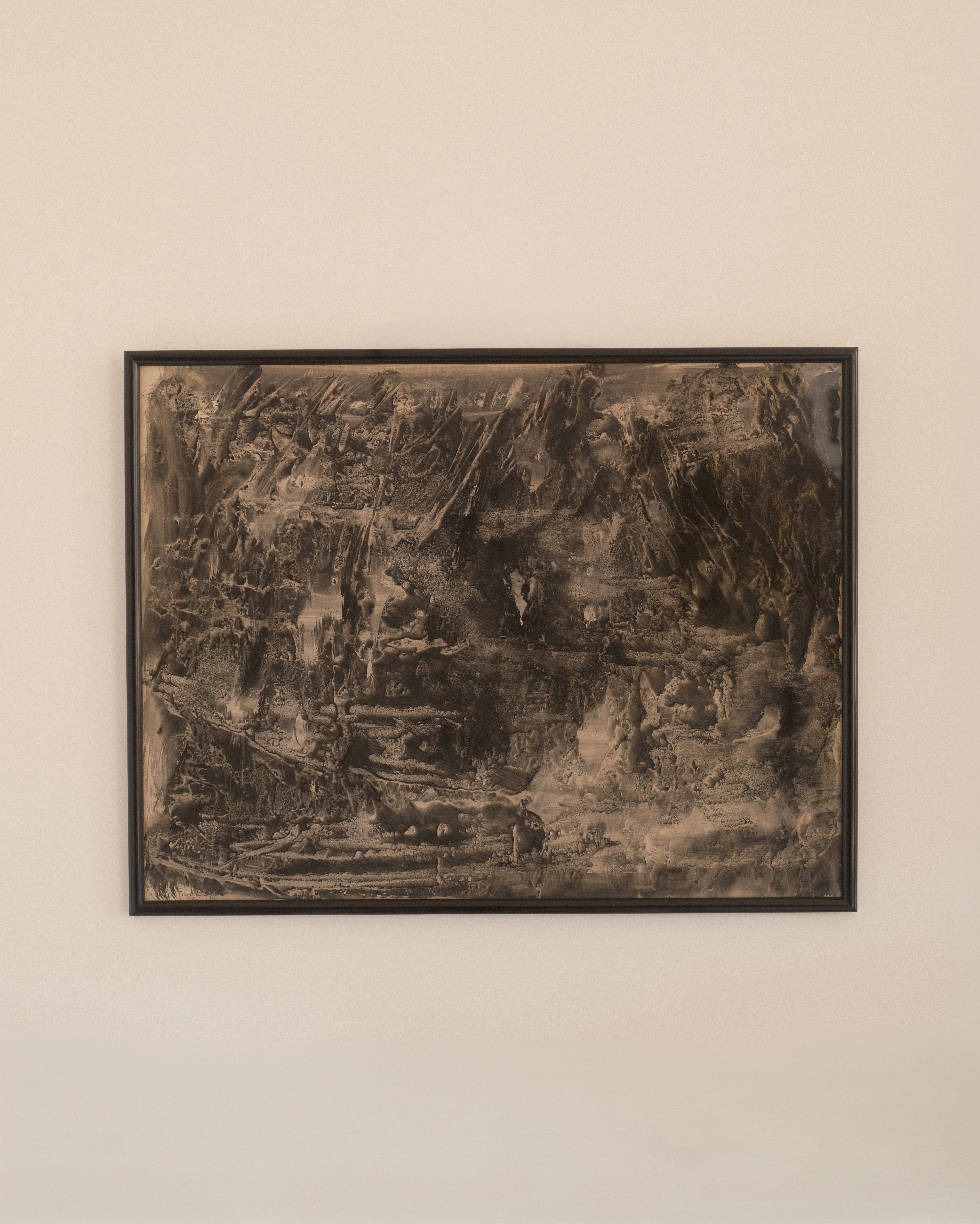 François Laloux landscape ink wash — full view of framed abstract landscape composition