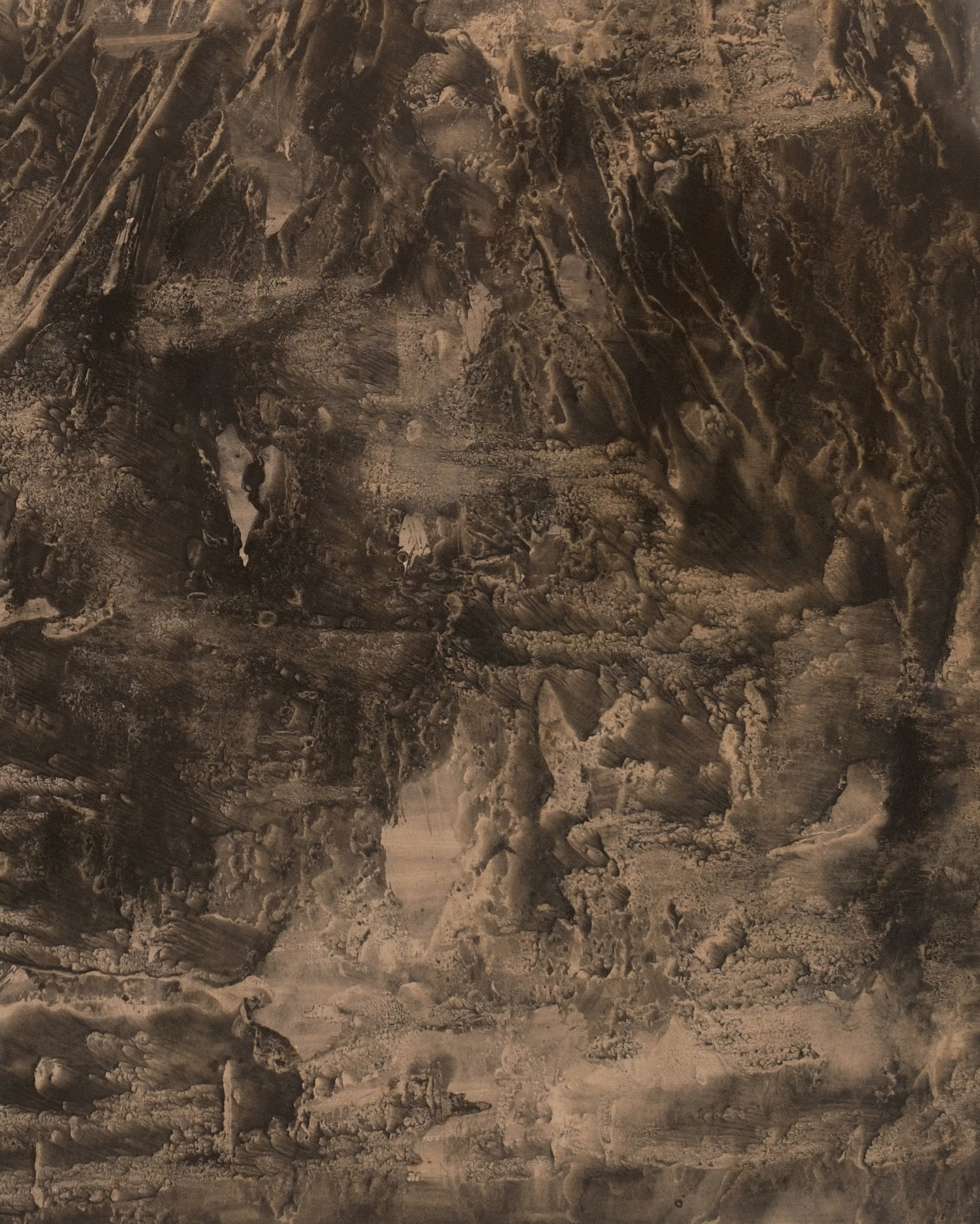 François Laloux landscape ink wash — detail of layered black ink and atmospheric surface