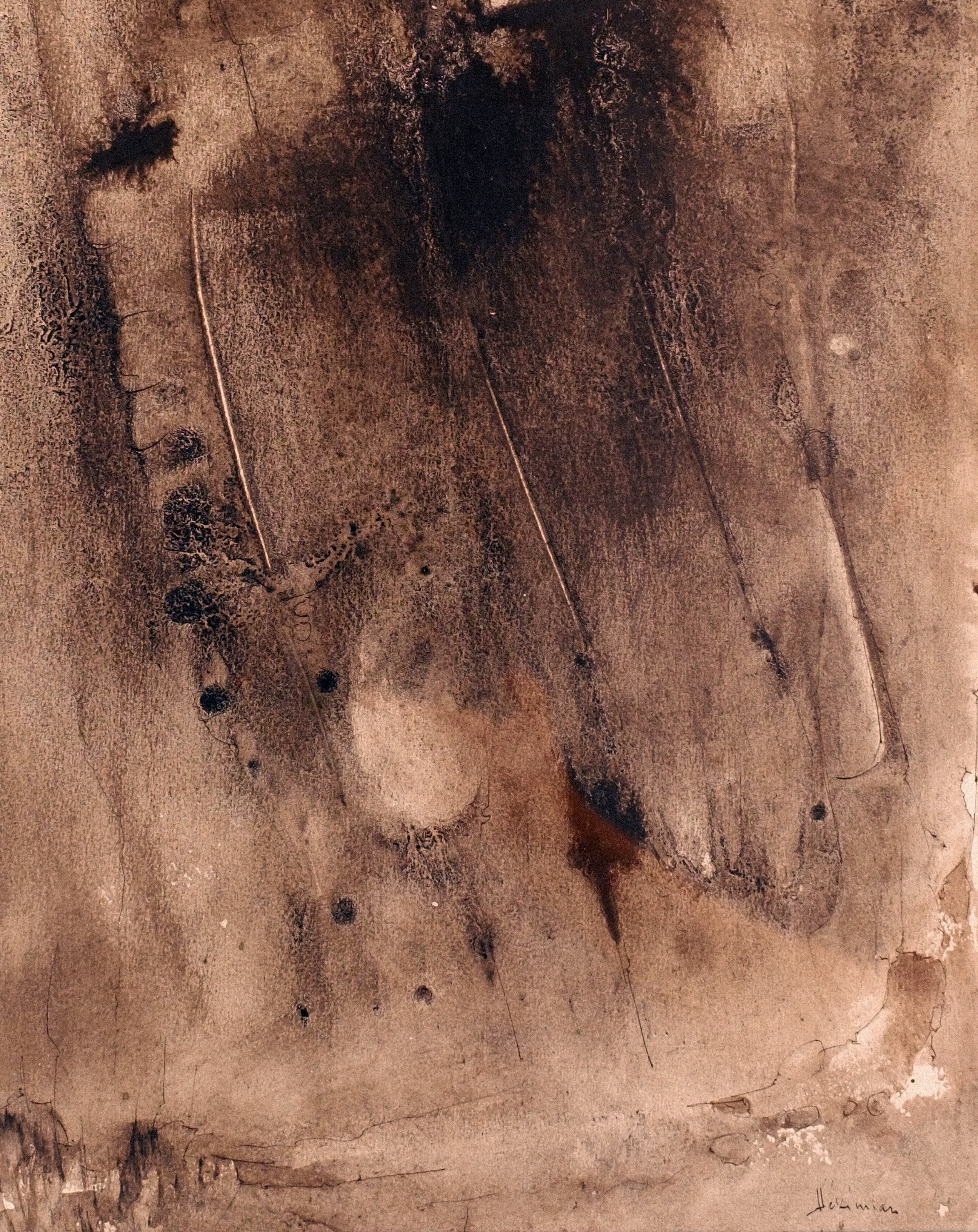 Vahe Hekimian watercolour and ink — detail of sepia washes, ink marks and layered textures