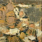 Ariane Prokhoroff composition — detail of layered ochre, turquoise and cream brushwork with estate stamp