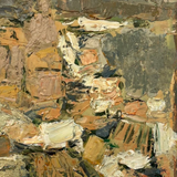 Ariane Prokhoroff composition — detail of layered ochre, turquoise and cream brushwork with estate stamp