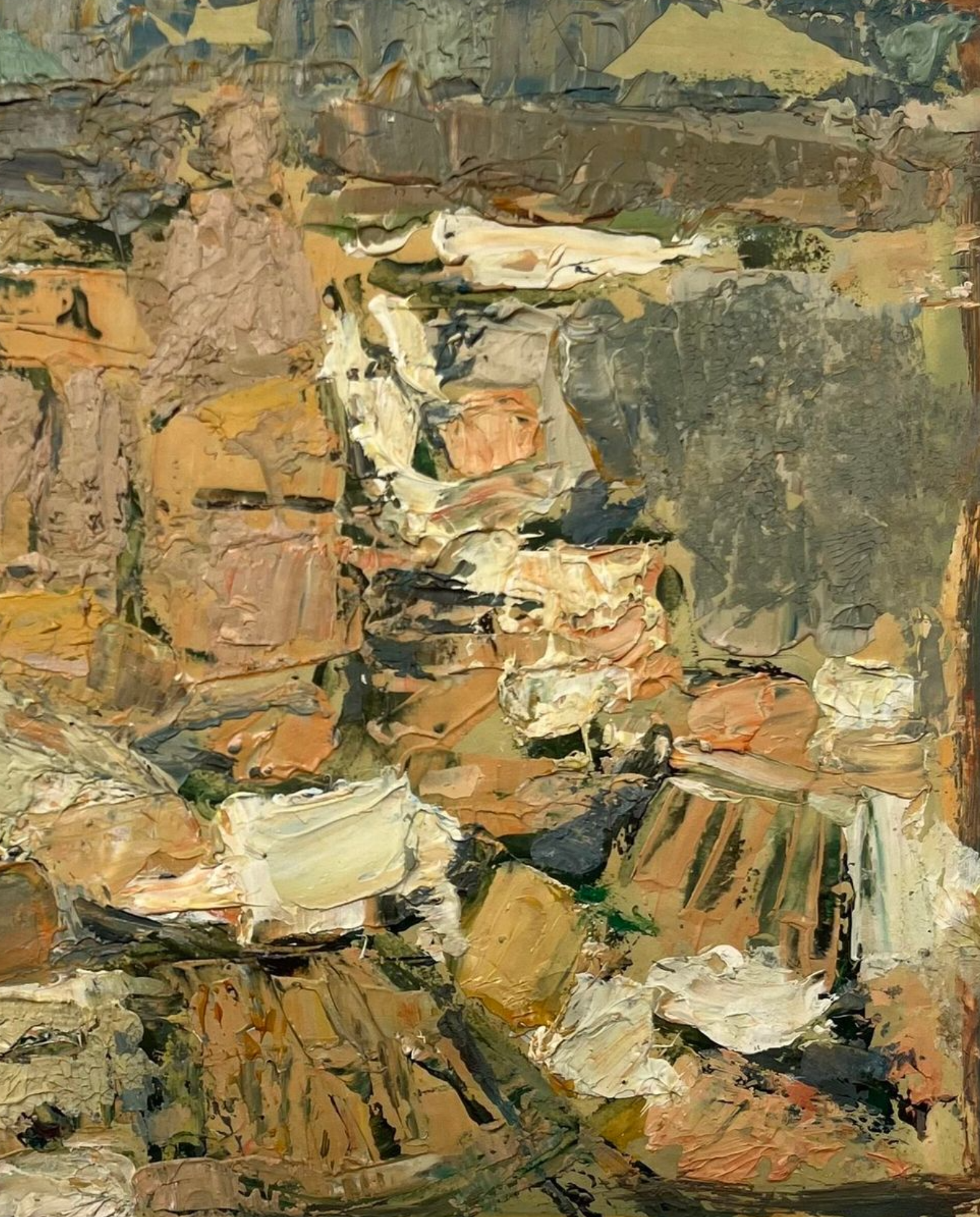 Ariane Prokhoroff composition — detail of layered ochre, turquoise and cream brushwork with estate stamp