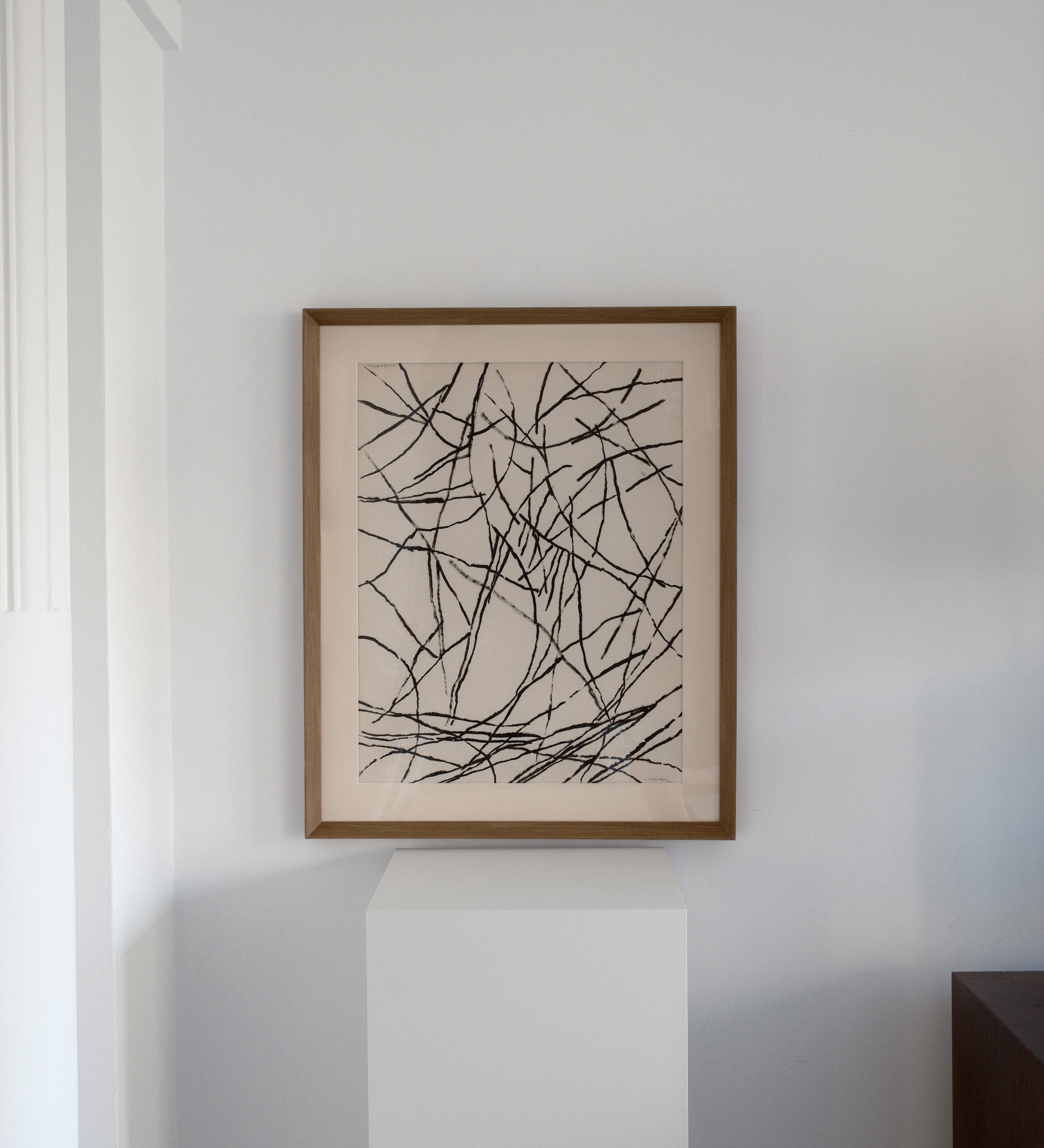 Jacques Germain ink on paper — installation view of framed lyrical abstract drawing