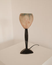 Art Deco table lamp — patinated metal and opalescent glass, France, circa 1925