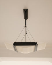 Murano glass suspension lamp — black painted metal and ribbed frosted glass, L&S Italia, Italy, 1960s–1970s