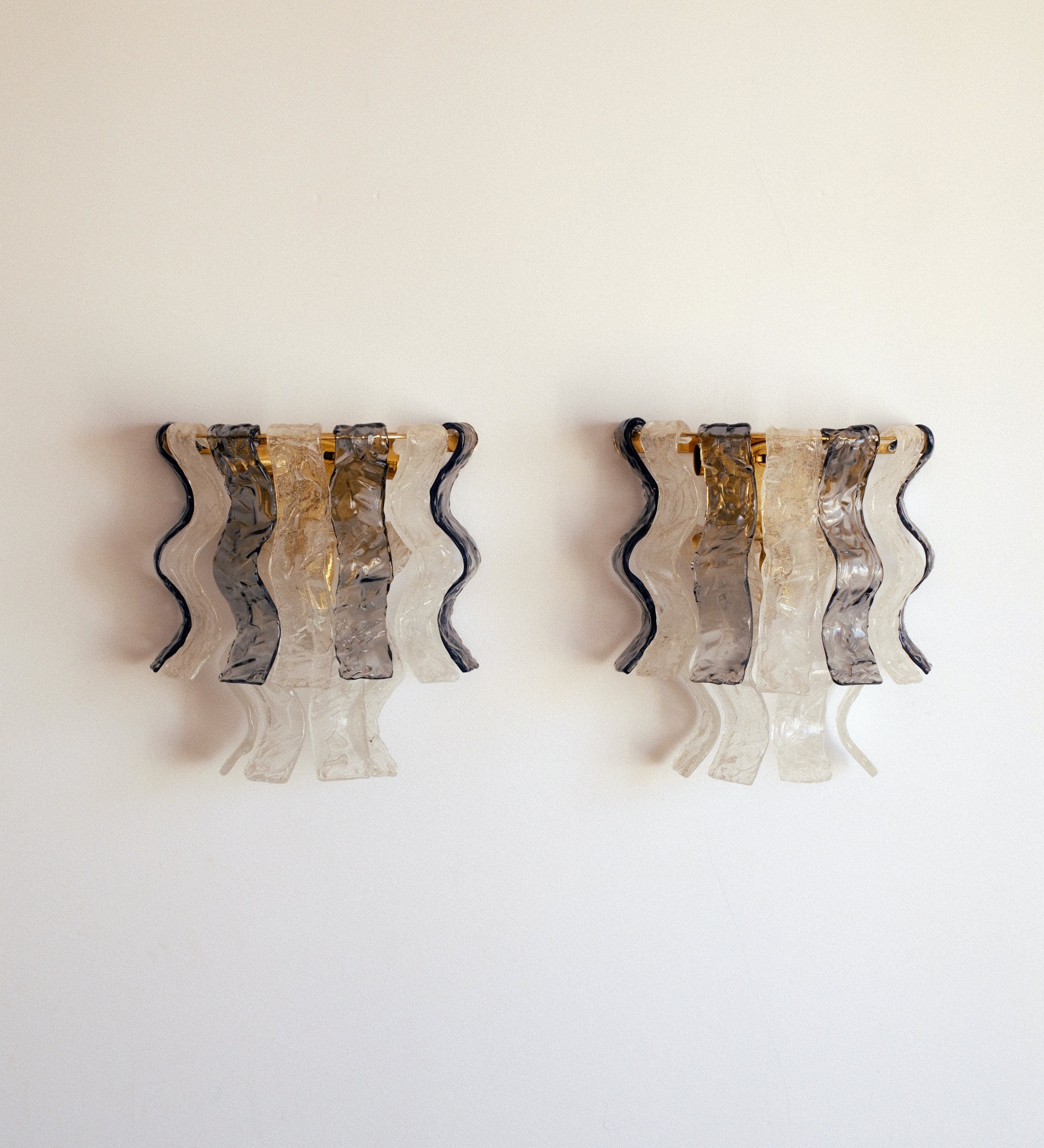 Murano glass wall lights — smoked and clear textured glass, Mazzega, Italy, c. 1970s