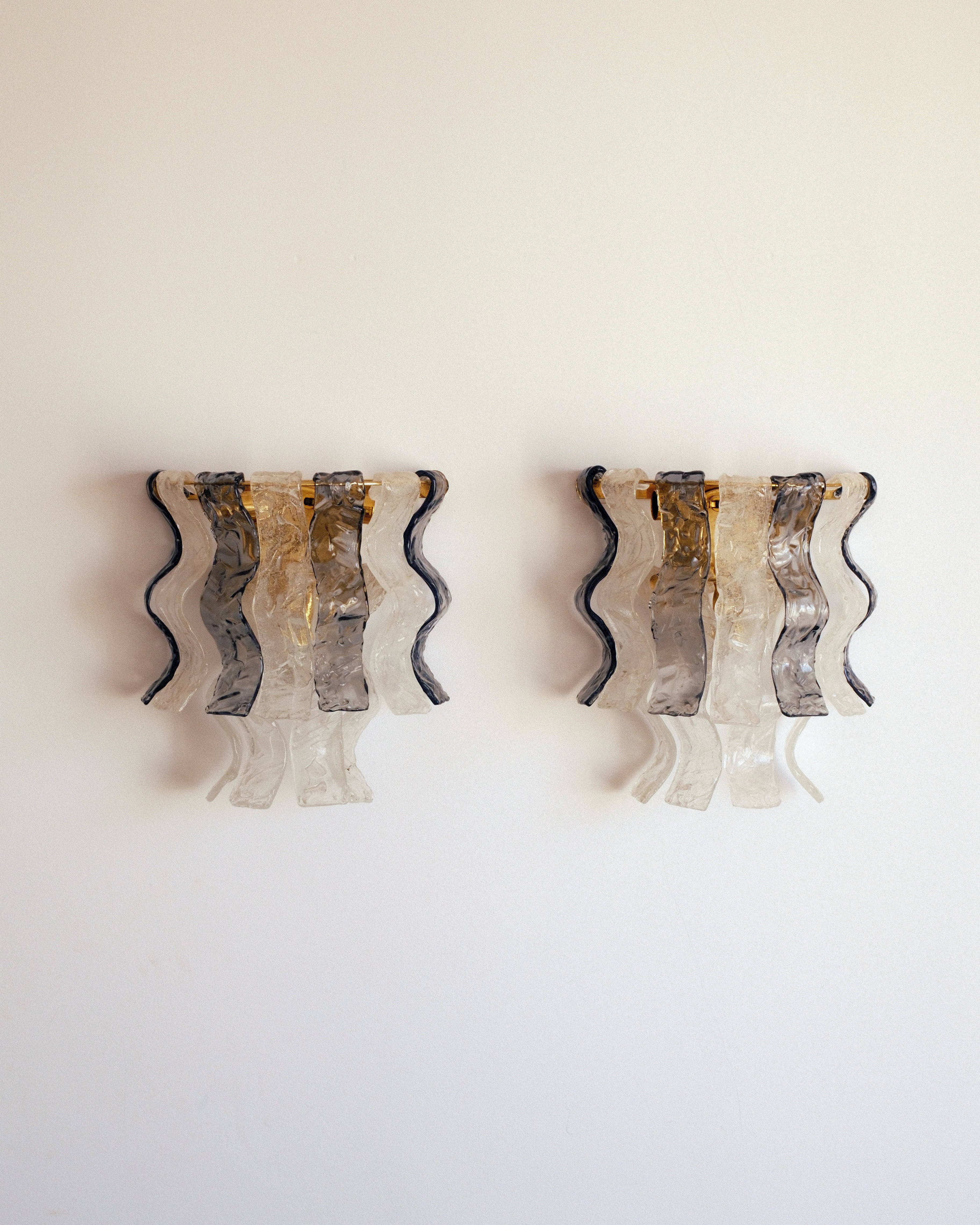 Murano glass wall lights — smoked and clear textured glass, Mazzega, Italy, c. 1970s