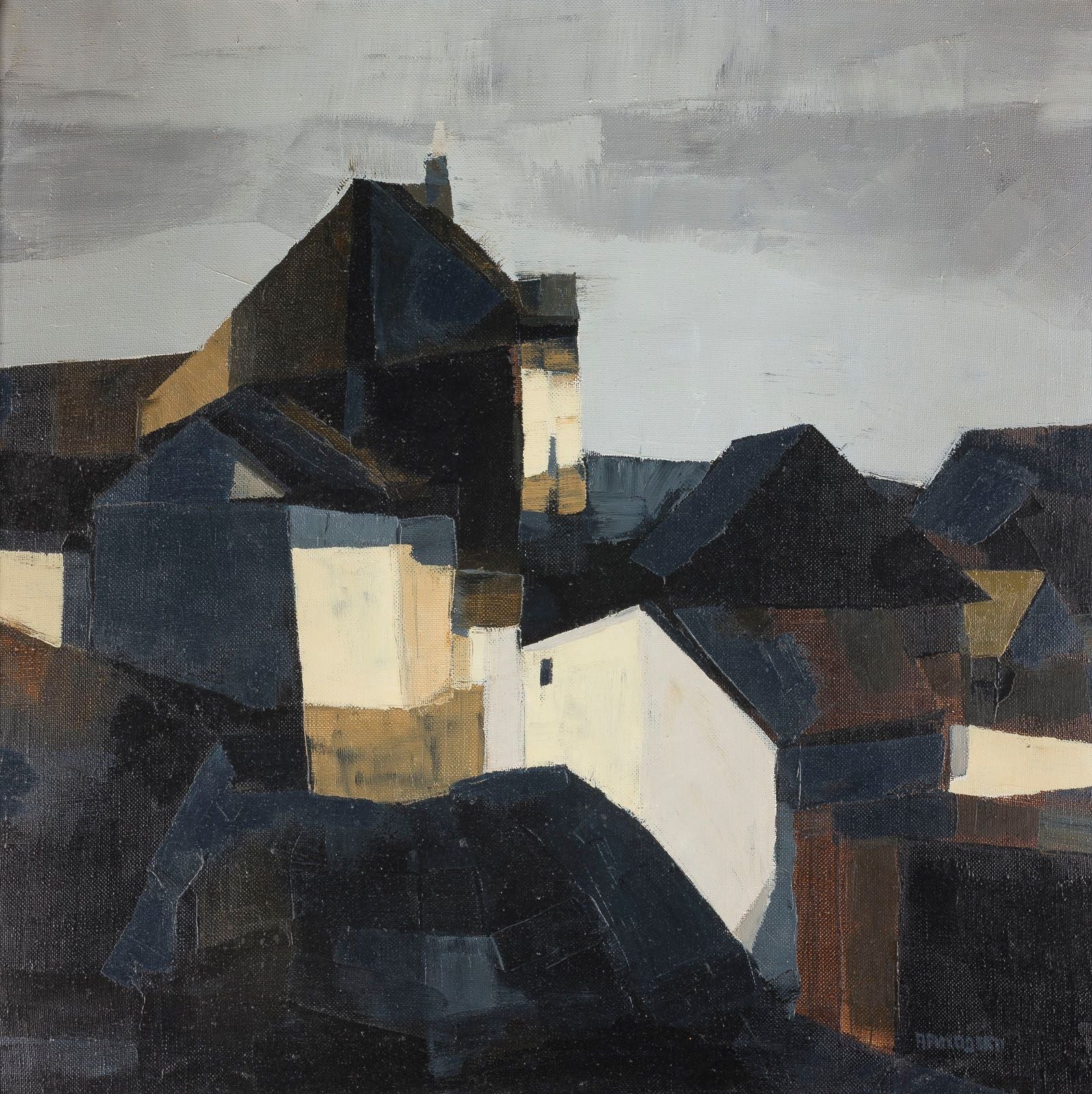 Vyacheslav Prikhodko painting — close-up of geometric rooftops and architectural forms